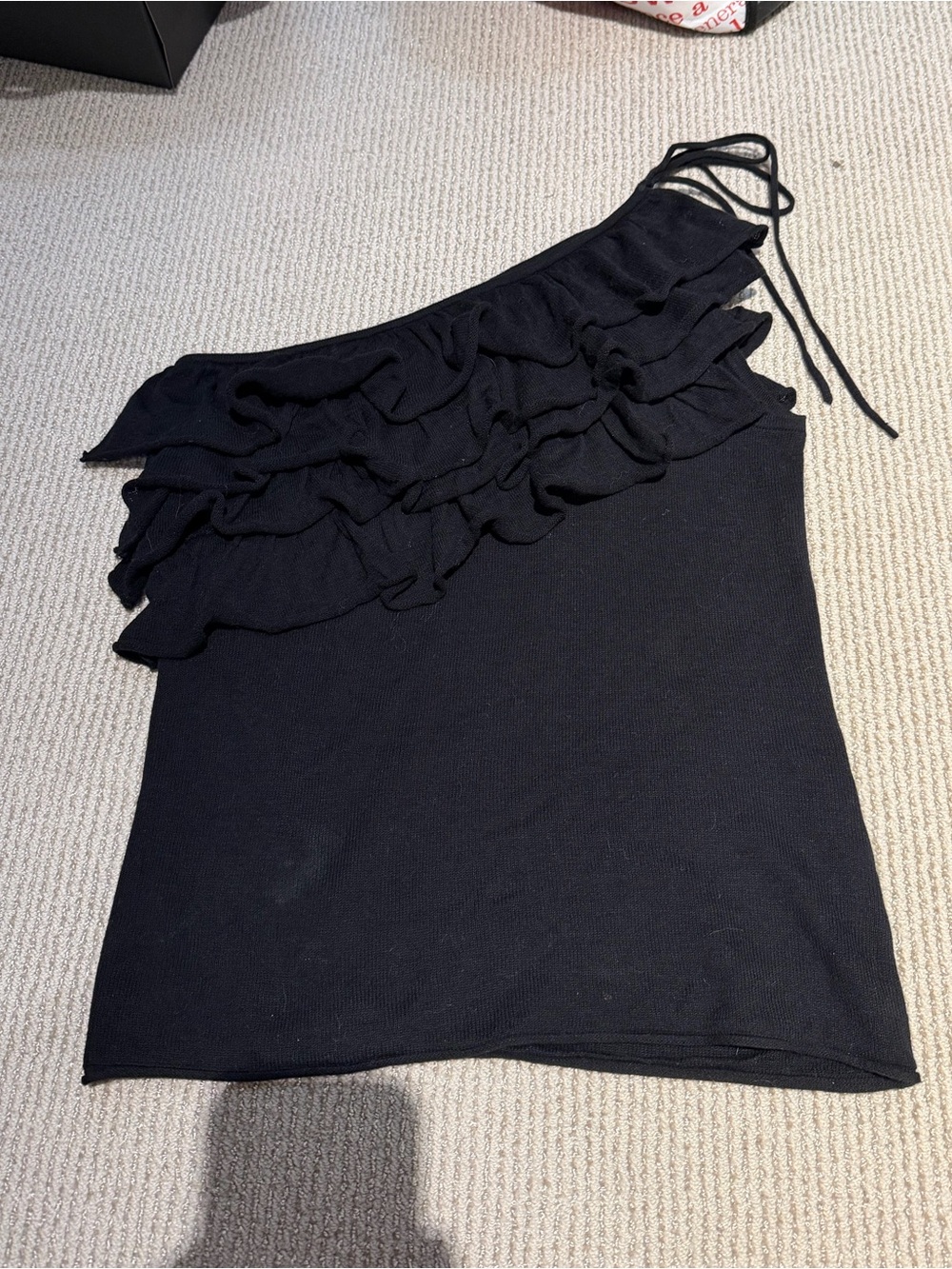 Minnie Rose Women’s Black Knit One Shoulder Ruffle Tie Tank